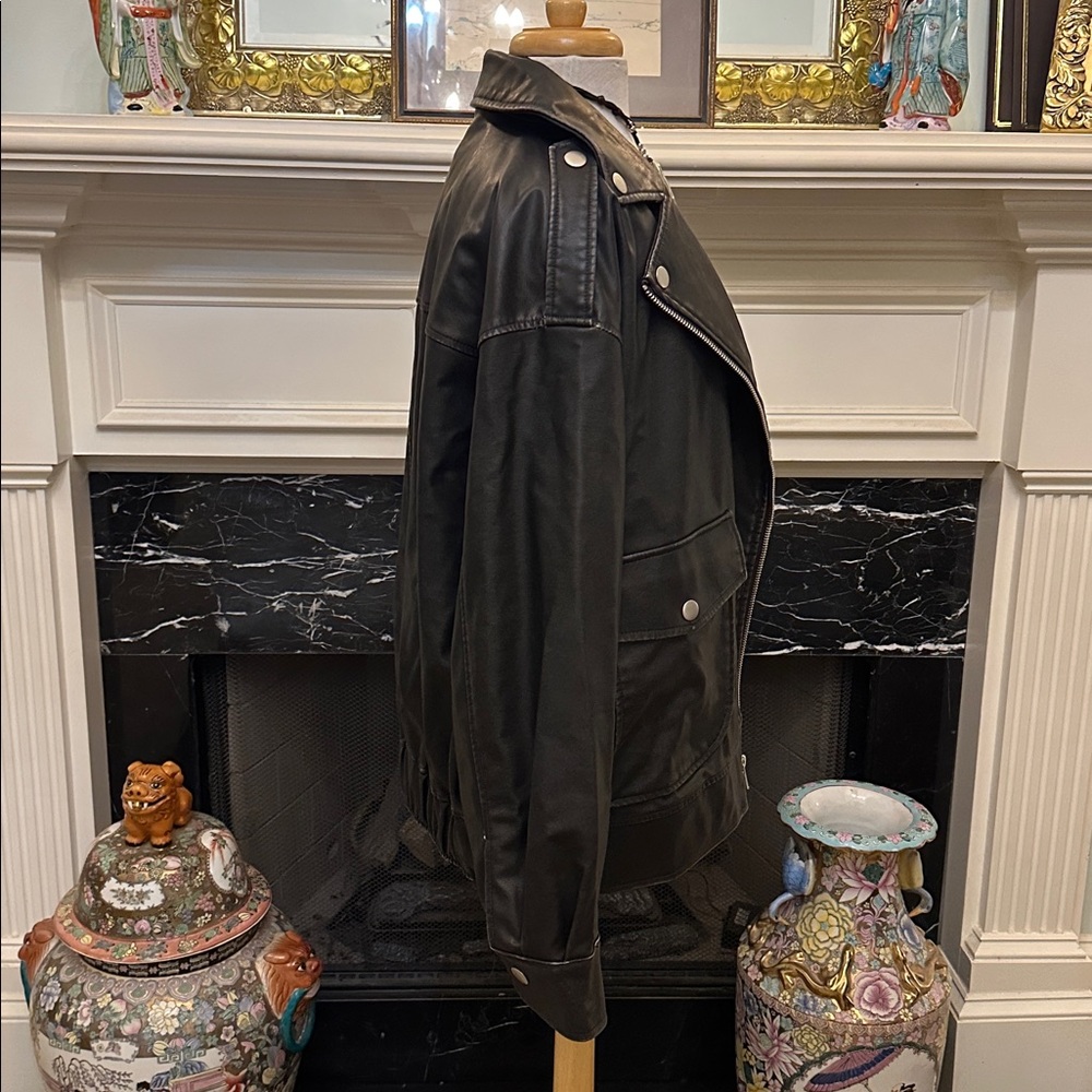 “Future Collective” Distressed Black Vegan Leather Moto Jacket - Picture 6 of 7